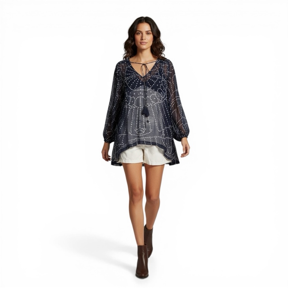 Antik Batik Sheer Boho Blouse Navy Print Tassel Tie Tunic Top Size 38🔵
